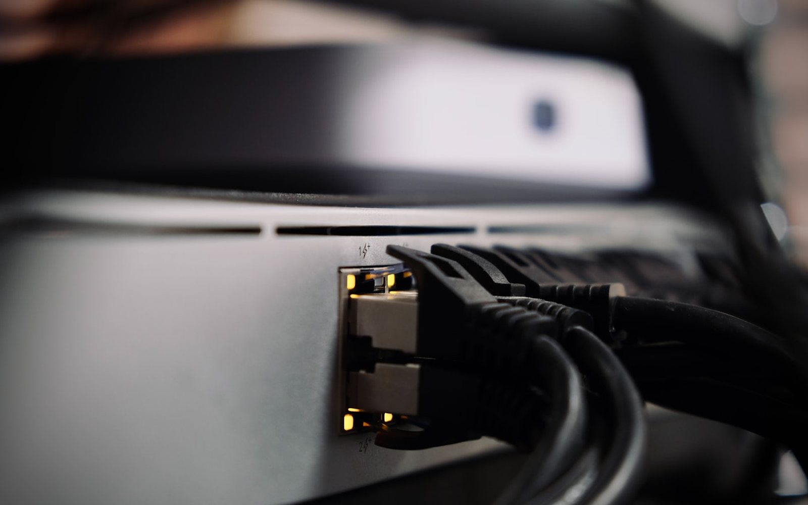 Ethernet RJ45 cabling into a network switch for a restaurant POS install